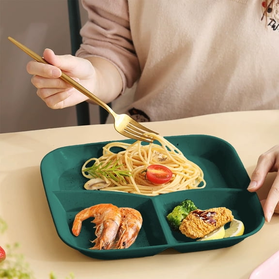 Gallickan Square Dinner Plate, Plastic Triple Compartment Meal Dish 10x9 Inch, Heat-Resistant Divided Tray Breakfast Serving, Green