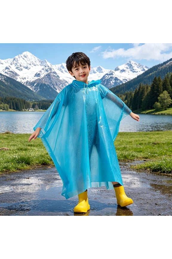 Thickened Cloak Raincoat for Kids, Portable EVA Waterproof Rain Poncho, Hooded Reusable, Hiking, Cycling, Outdoor, Blue
