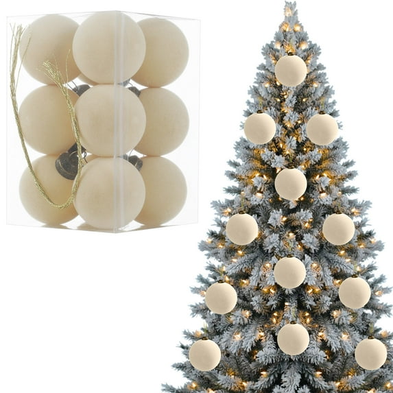 Gallickan Velvet Christmas Balls, Flocked Tree Ornaments, 12 Piece Set, Plastic Hanging Decor, Festive Decoration for Holiday Tree, Home, Party, 1.5 Inch, White