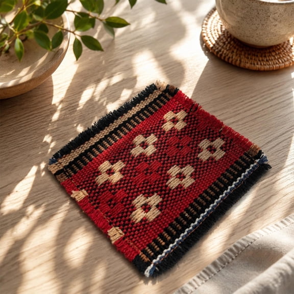 Gallickan Vintage Jacquard Woven Cup Mat, 4.33x4.33in, Cotton Blend Heat Block Coaster, Bohemian Retro Table Pad for Coffee Tea, Red