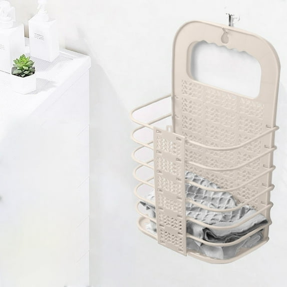 Gallickan Wall Laundry Hamper, Large Folding Mounted Basket for Dirty Clothes Storage, Plastic Bathroom Organizer Space Saving, Beige