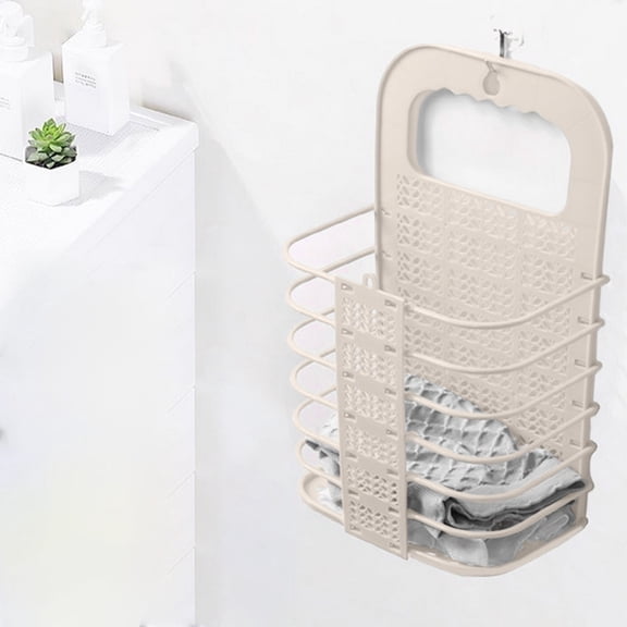Gallickan Wall Laundry Hamper, Large Folding Mounted Basket for Dirty Clothes Storage, Plastic Bathroom Organizer Space Saving, Beige