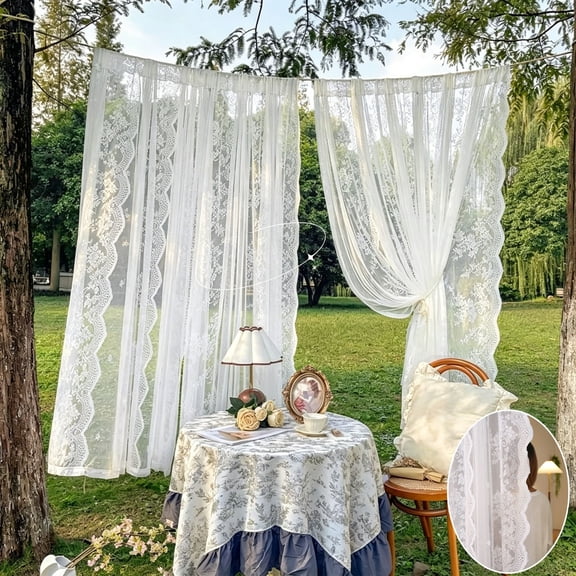 Gallickan White Lace Sheer Curtain Panel, Rod Pocket Floral Embossed Tulles Curtain for Home and Wedding Decor, 51x70 Inches, Semi-Transparent Polyester