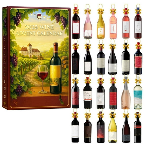 Gallickan Wine Advent Calendar, 2025 Holiday Countdown, Bottle Shaped Christmas Calendar, 24 Day Wine Themed Surprise, for Adult Holiday Celebration and Gifting, Yellow