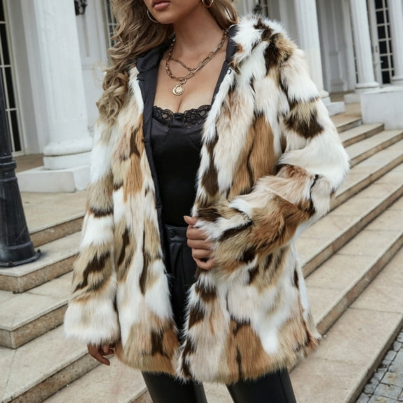 Gallickan Winter Coats Winter 2023 Ladies Warm Faux Furry Coat Jacket Winter Hooded Print Outerwear on Sale