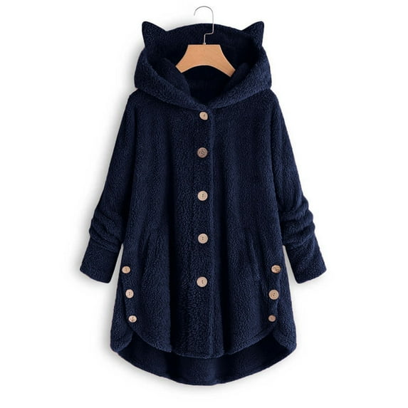Gallickan Winter Womens Thinsulate Winter Jackets 2023 Keep Warm Button Down Cardigan Hoodies Cat Ears Irregular Plush Solid Hooded Coat Tops on Sale
