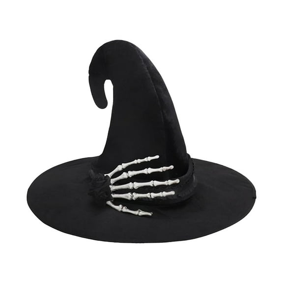 Elainilye Witch Hats for Woman Girl, Halloween Witches Hats with Skeleton Hand, Witch Wizard-Hat, Halloween Decorations for Outdoor Party Accessories, Black-A