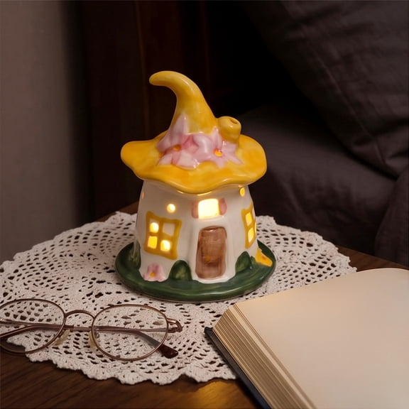 Gallickan Witch Magical Room Nightlight, Ceramic Bedside Desktop Halloween Desk Ornament, Yellow, 4.5x3.4x3.4in