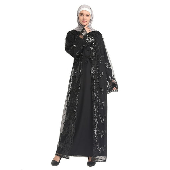 Elainilye Women Clothing Muslim Lace Sequin Cardigan Maxi Dress Kimono Open Abaya Robe Kaftan Dubai