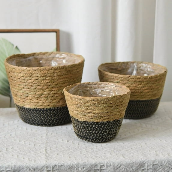 Gallickan Woven Plant Basket Cover, Decorative Straw Planter Pot, Natural Rattan Flower Pot Holder, for Indoor Outdoor Garden Decor, Black