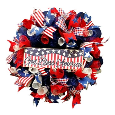Gallickan Wreaths for Front Door Patriotic Burlap Wreath with God Bless America Welcome Sign Stripe and Stars Indoor Outdor Front Door Decor