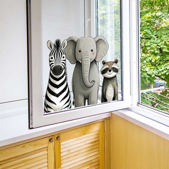 Gallickan Zebra Elephant Raccoon Wall Stickers, Removable Window Cling Decal, Peel and Stick Glass Tile Decoration for Living Room Bedroom, Home Decor Decal without Residue
