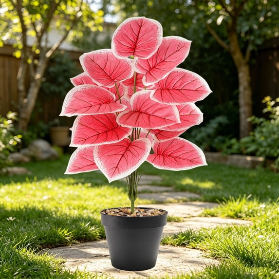 Gallickan Artificial Pink Plant Potted Alocasia 18 Leaves PVC Fake Tropical with Pot for Home Office Desk Decor