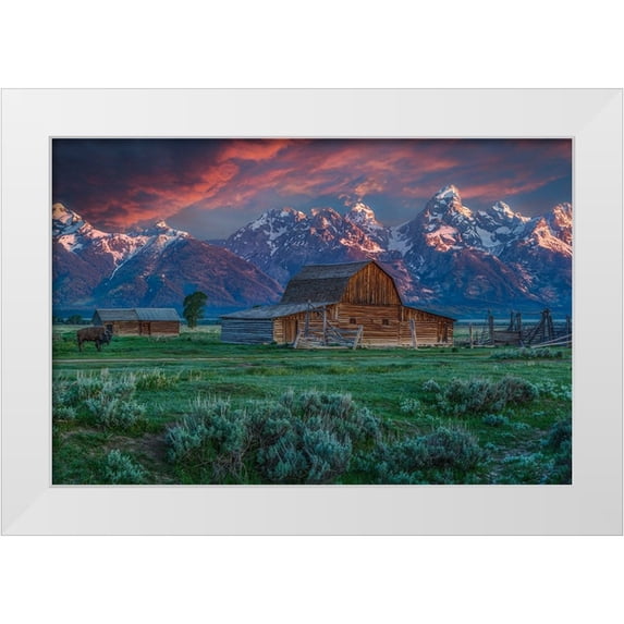 Galloimages Online 32x23 White Modern Wood Framed Museum Art Print Titled - Grand Teton Mormon Barn At Sunrise