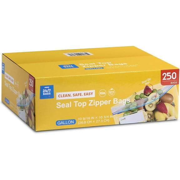 Gallon Double Zipper Food Storage Bags, 250 Count, Zero BPA