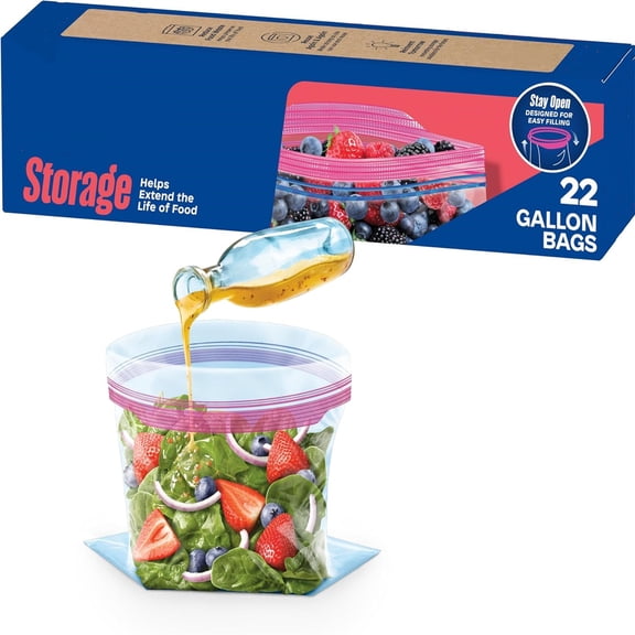 Gallon Food Storage Bags, Stay Open Design with Stand-Up Bottom, Easy to Fill, 22 Count (Packaging May Vary)