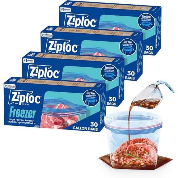 Gallon Food Storage Freezer Bags, 120ct Total, Stand-Up Bottom, Easy to Fill, 30 Count, 4 Pack (Packaging May Vary)