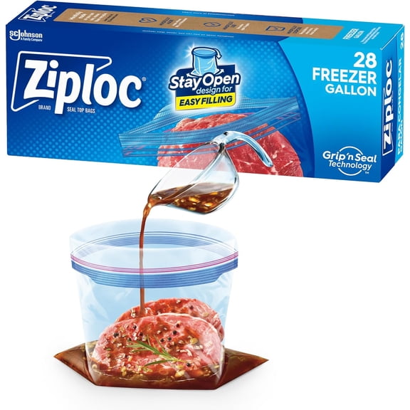 Gallon Food Storage Freezer Bags, Stay Open Design with Stand-Up Bottom, Easy to Fill, 28 Count
