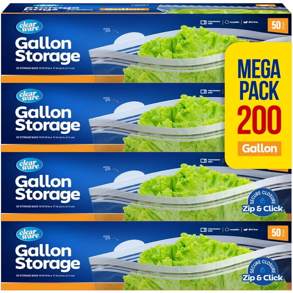 Gallon Plastic Storage Bags - Reusable Thick Food Storage Bags - Microwave-Safe, Zero BPA - Resealable Double Zippered Containers for Lunch, Snacks, Meals - 4 Boxes, 200 Count