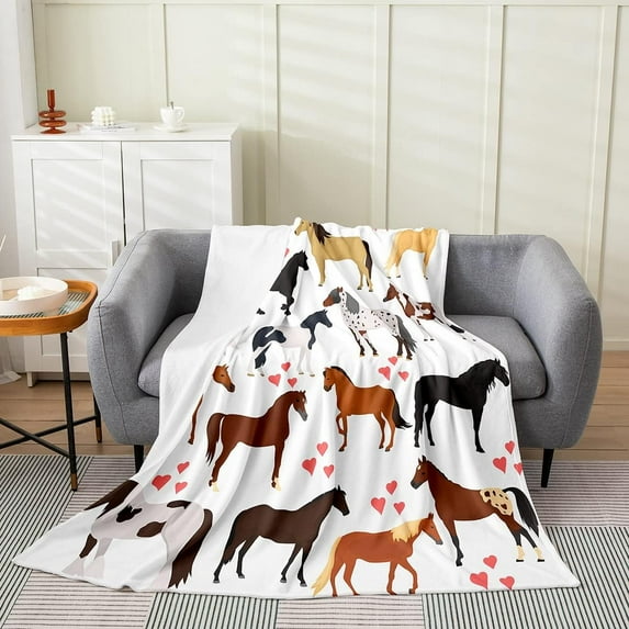 Galloping Horse Blanket,Cartoon Farmhouse Horses Throw Blanket for Kids Boys Girls Teens,Cute Safari Animal Fleece Blanket Twin 60x80,Kawaii Cowboy Cowgirls Pink Lover Heart Flannel Blanket Warm