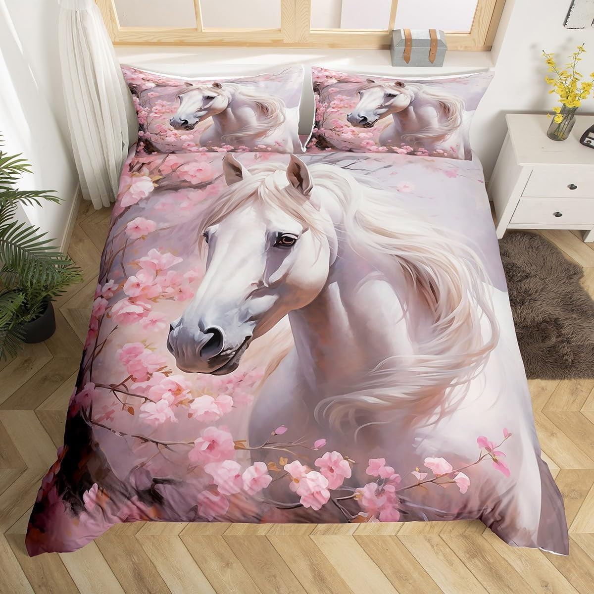 Galloping Horse Duvet Cover,Cherry Blossom Pink Bedding Set 3 Pcs for Kids Teens,Dreaming Animal