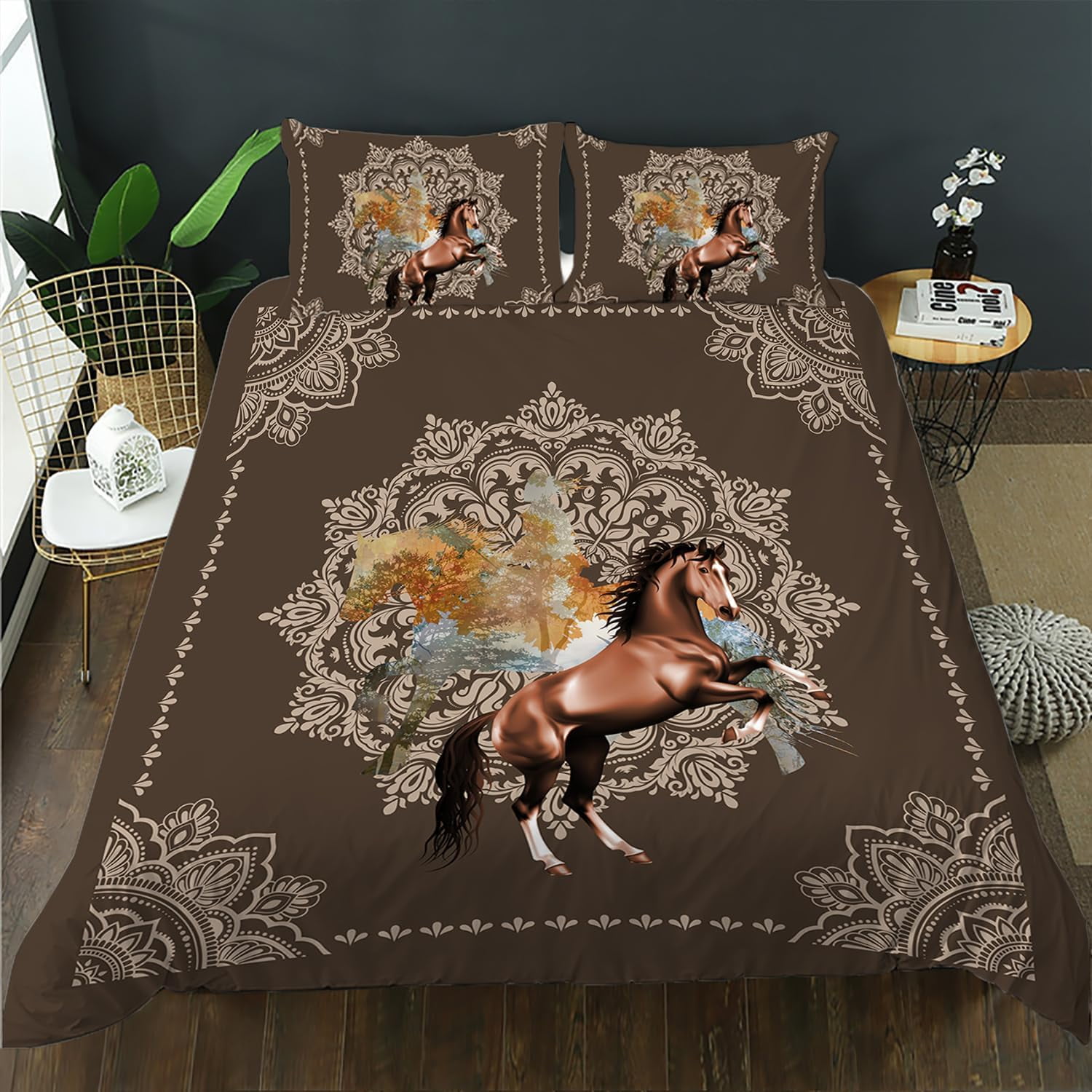 Galloping Horse Duvet Cover Set,3 Pieces Horse Bedding Mandala Boho