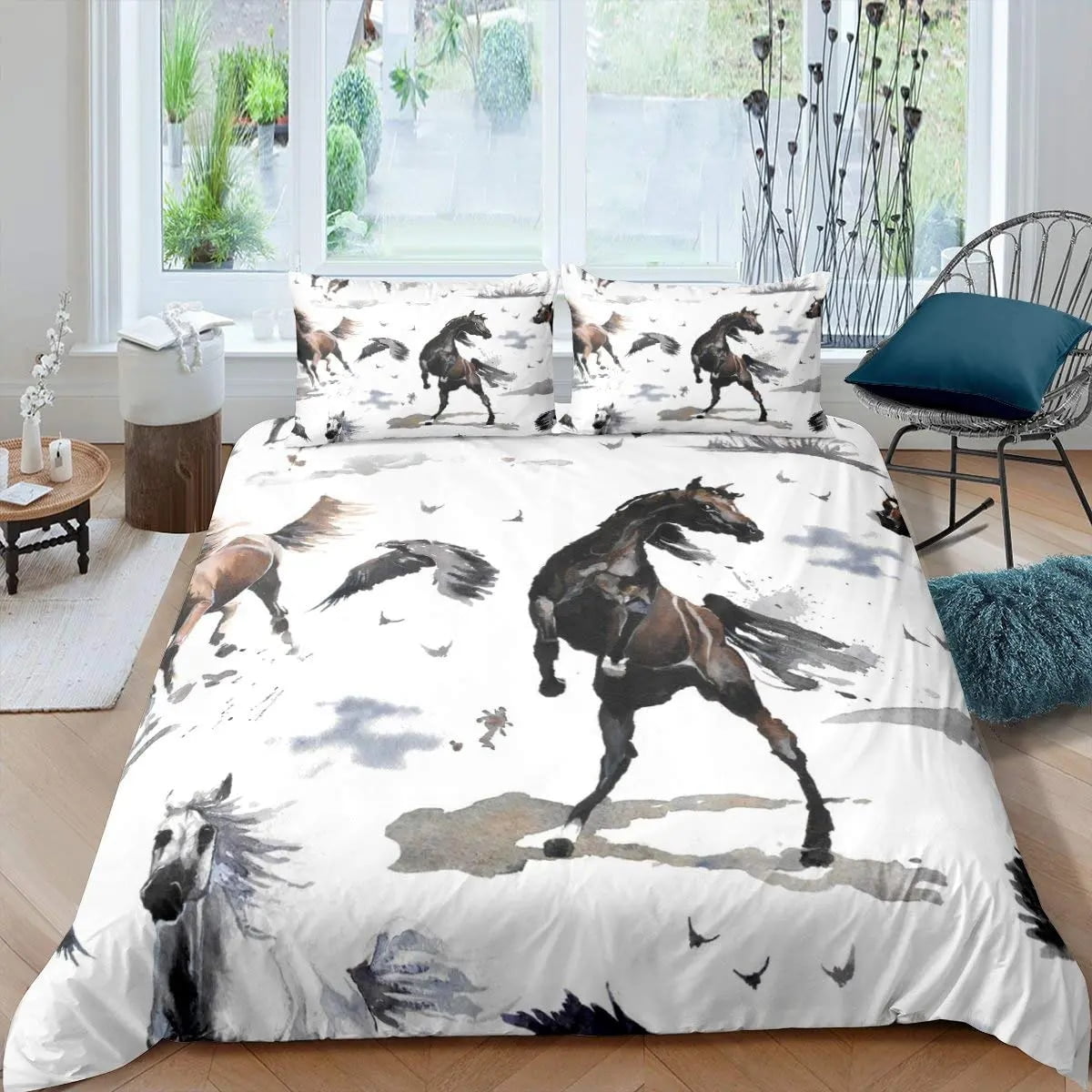 Galloping Horse Duvet Cover Set Western Cowboy Farm Animal Bedding Set