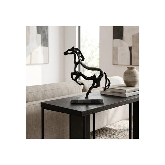 Galloping Horse Sculpture for Home Decor - Metal and Marble Accent Statue for Living Room, Office, Shelf or Coffee Table - Ornaments Figurine Accent for Bathroom and Kitchen Counter - 14", Black