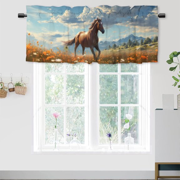 Galloping Horse Valance Rod Pocket Window Curtain for Kitchen Western Farm Animal Flowers Nature Thermal Insulated Room Darkening Curtain for Dinning Room 54 by 18 in, 1 Panel