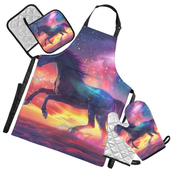 Galloping Horse in Sky 5 Pcs Kitchen Set Heat Resistant Oven Mitts and Non-Slip Pot Holders with Adjustable Cooking Apron