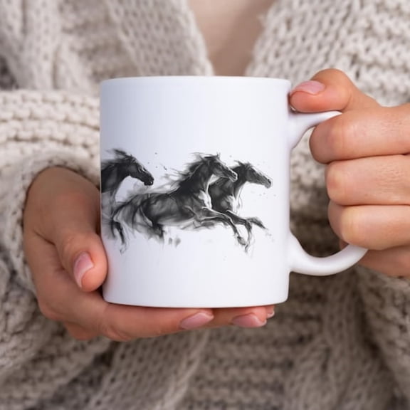 Galloping Horses Ceramic Mug Equestrian Gift, Horse Lover Mug, Arul Coffee Cup, Charcoal Horse Herd Cup, Perfect Animal Lovers.