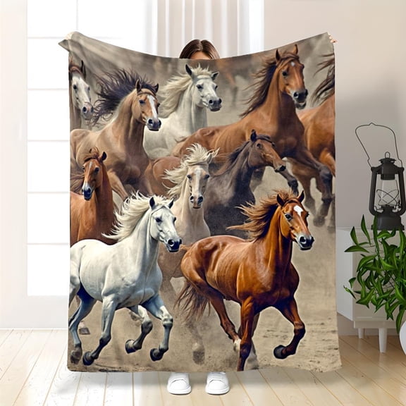 Galloping Horses Fleece Blanket - Soft Breathable 100% Polyester, Vibrant Horse Print, All-Season Cozy Throw for Home Decor, Machine Washable Gift