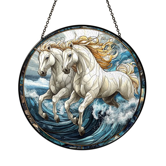 Galloping Horses Ocean Scene Stained Glass Style Suncatcher, Fantasy Coastal Equine Decorative Window Hanging Art, Sea Wave Inspired Farmhouse Ranch Home Decor Panel