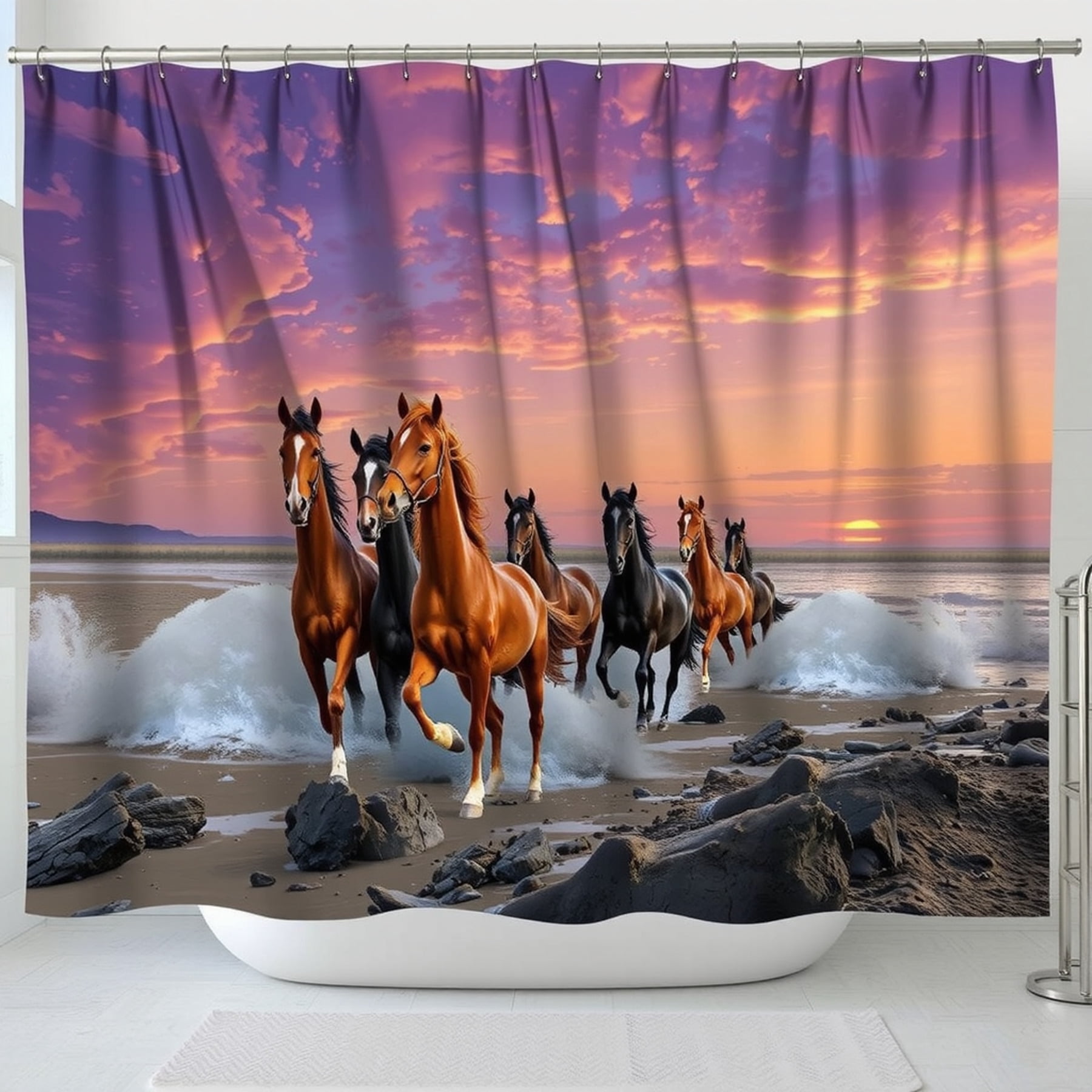 Galloping Horses Shower Curtain - Vibrant Sunset Beach Scene - Walmart.com