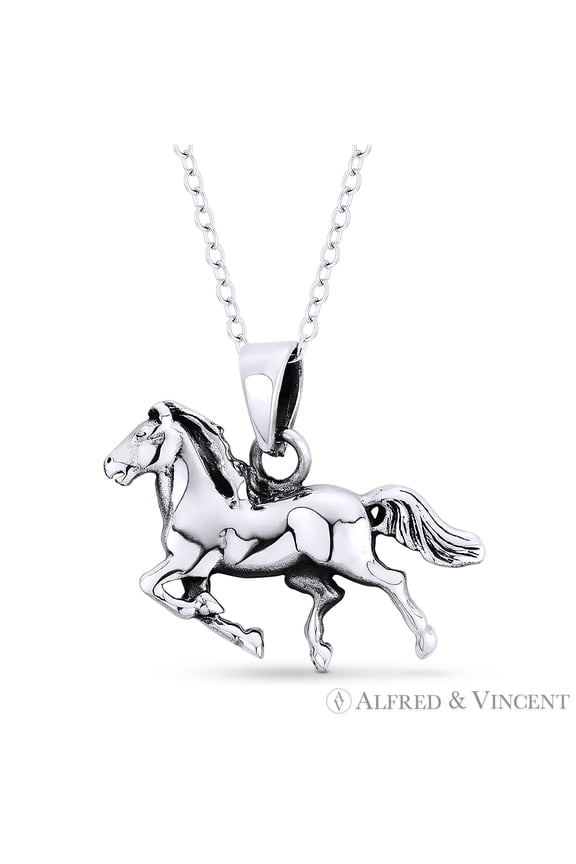Galloping Stallion Horse Charm Animal Pendant & Cable Chain Necklace in .925 Sterling Silver