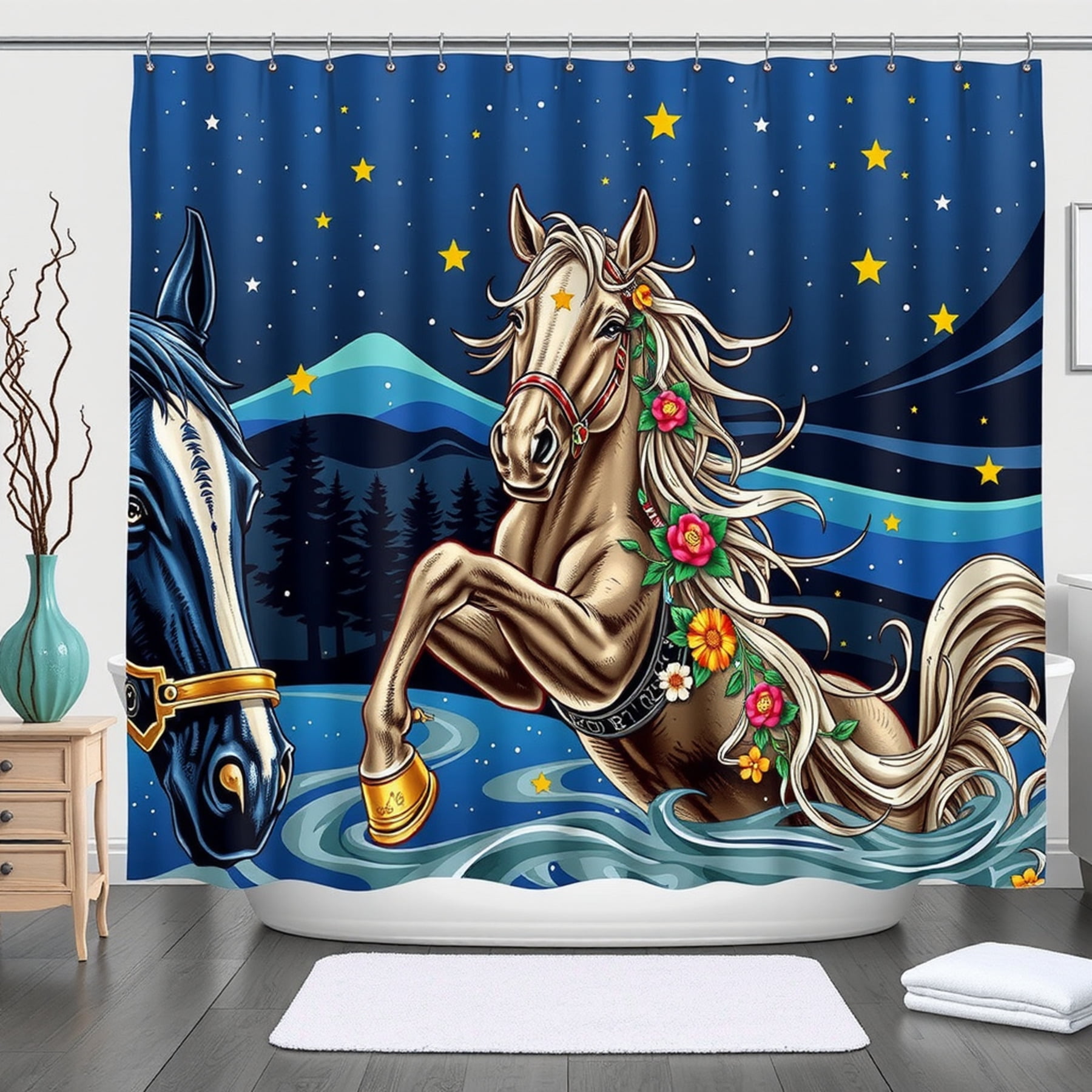 Galloping Tan Horse Shower Curtain with Floral & Starry Sky - Walmart.com