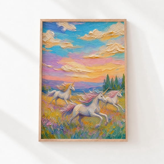 Galloping Unicorns Sunset Meadow Fantasy Decor Wall Art