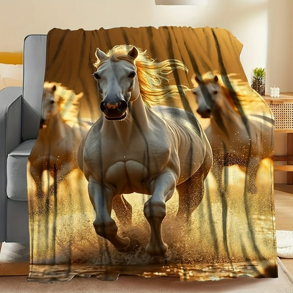 Galloping White Horses Blanket - Soft Flannel All-Season Bedspread with Golden-Brown Horse Print, Beige & Golden Bed Cover for Adults &, Indoor/Outdoor Use, Camping, Travel - Ideal Gift (White Horses