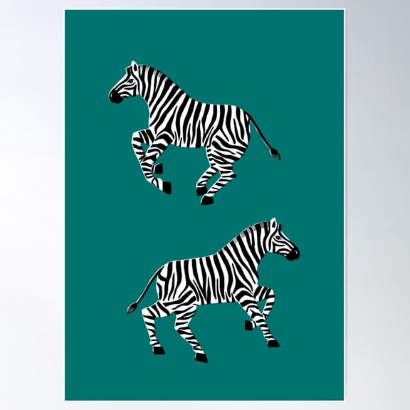 Galloping Zebras On Dark Teal Poster Wall Art, Modern Wall Decor For Living Room Bedroom, 8x12 UNFRAMED