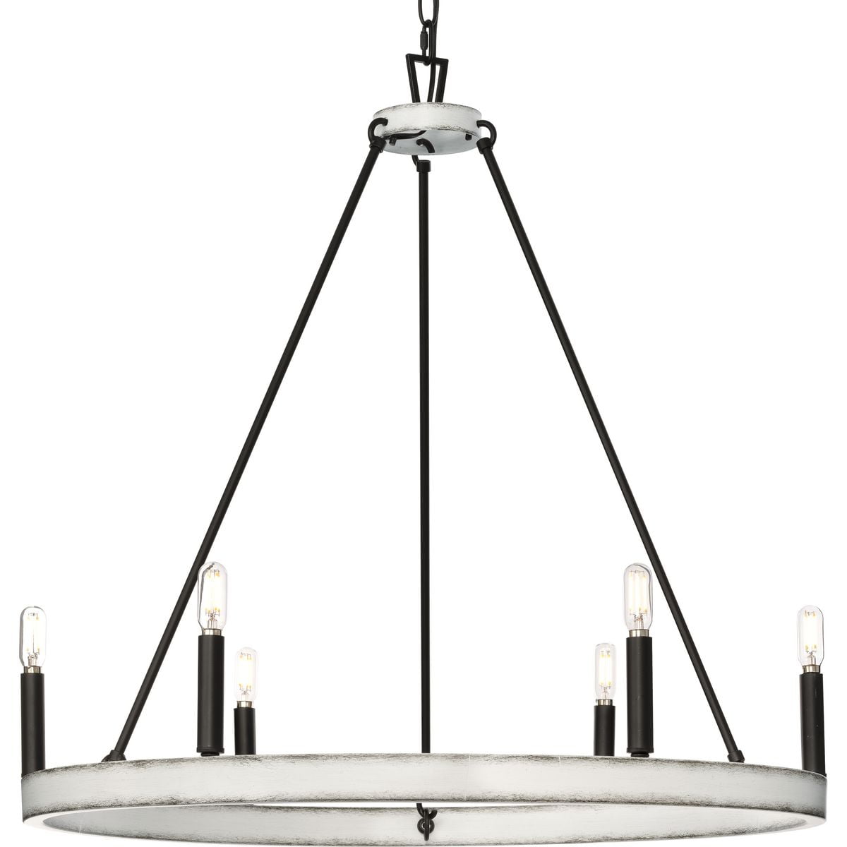 Distressed White and Matte Black 6-Light Wagon Wheel Chandelier