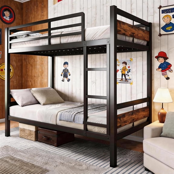 GalnFu Metal Bunk Bed Twin Over Twin, Heavy Duty Steel Frame with Full-Length Guardrail,Rustic Brown
