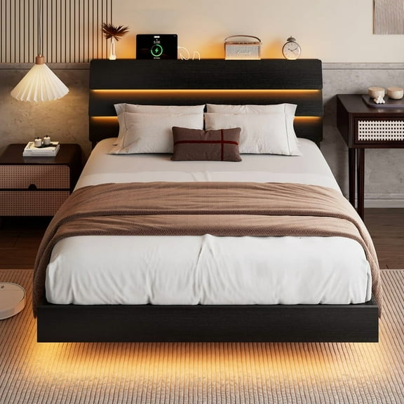 Galnfu Floating Full Size Bed Frame with LED Light and USB Port Charging Station, Platform Bed with Wooden Storage Headboard, Sturdy Steel Slats,Easy to Assemble, Black.