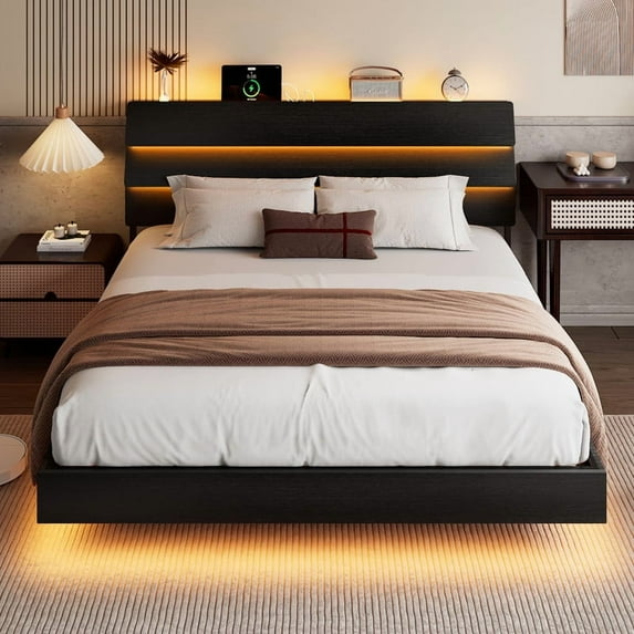 Galnfu Floating King Size Bed Frame with LED Light and USB Port Charging Station, Platform Bed with Wooden Storage Headboard, Sturdy Steel Slats,Easy to Assemble, Black