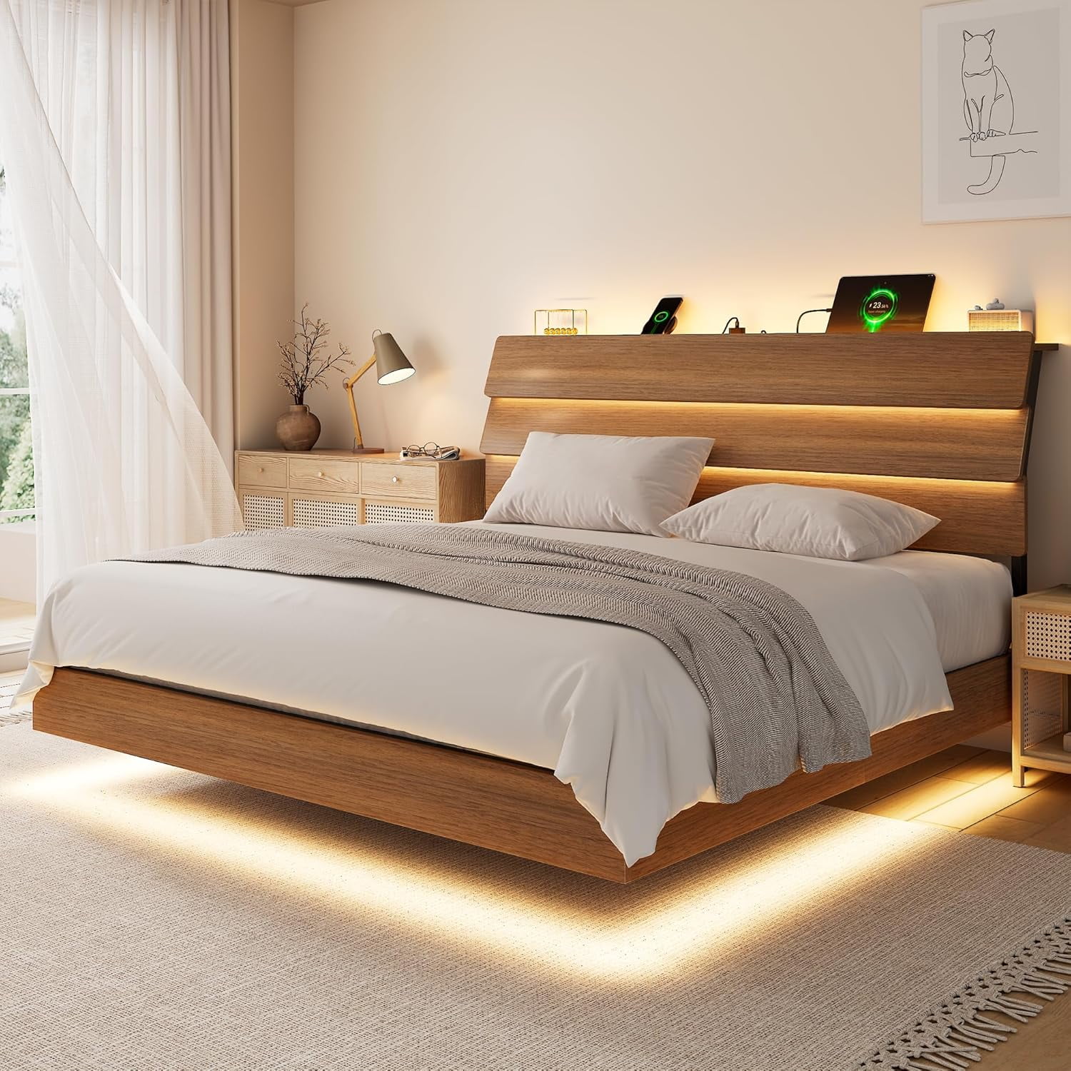 Galnfu Floating King Size Bed Frame with LED Light and USB Port Charging Station, Platform Bed with Wooden Storage Headboard, Sturdy Steel Slats,Easy to Assemble, Walnut
