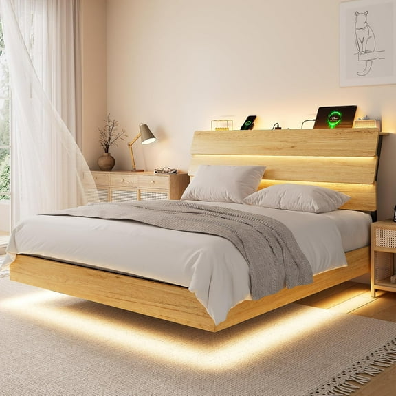 Galnfu Floating Queen Size Bed Frame with LED Light and USB Port Charging Station, Platform Bed with Wooden Storage Headboard, Sturdy Steel Slats,Easy to Assemble,Oak