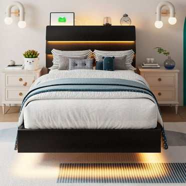 Galnfu Floating Twin Size Bed Frame with LED Light and USB Port Charging Station, Platform Bed with Wooden Storage Headboard, Sturdy Steel Slats,Easy to Assemble, Black.