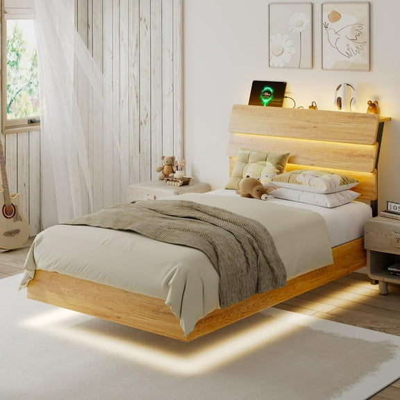 Galnfu Floating Twin Size Bed Frame with LED Light and USB Port Charging Station, Platform Bed with Wooden Storage Headboard, Sturdy Steel Slats,Easy to Assemble, Oak