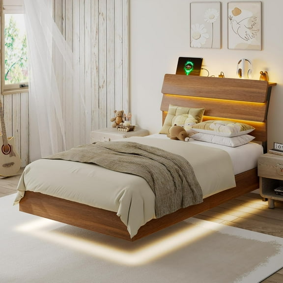 Galnfu Floating Twin Size Bed Frame with LED Light and USB Port Charging Station, Platform Bed with Wooden Storage Headboard, Sturdy Steel Slats,Easy to Assemble, Walnut