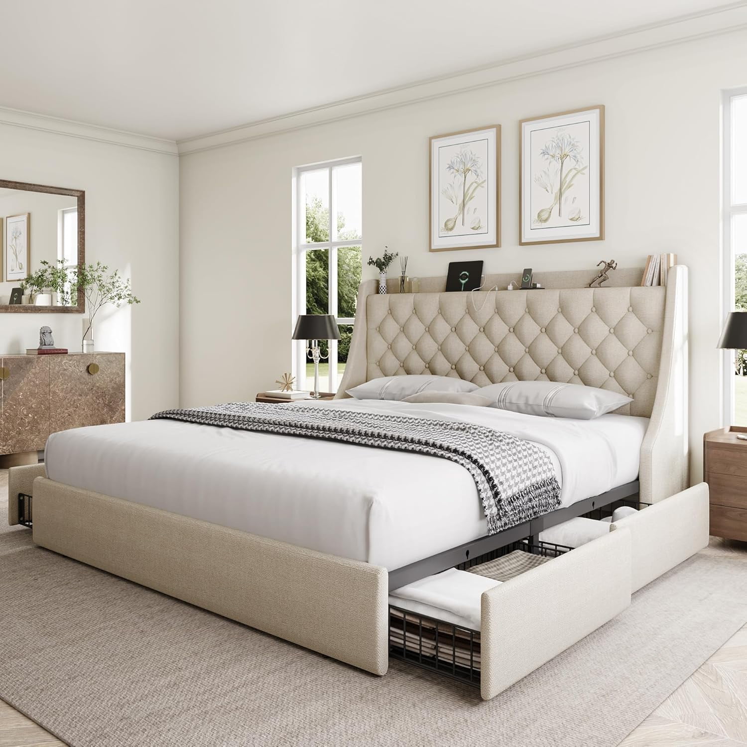 Galnfu King Size Bed Frame with 4 Storage Drawers, Giant Upholstered Wingback Headboard, Fast Charging Station, No Box Spring Needed, Noise-Free,Beige
