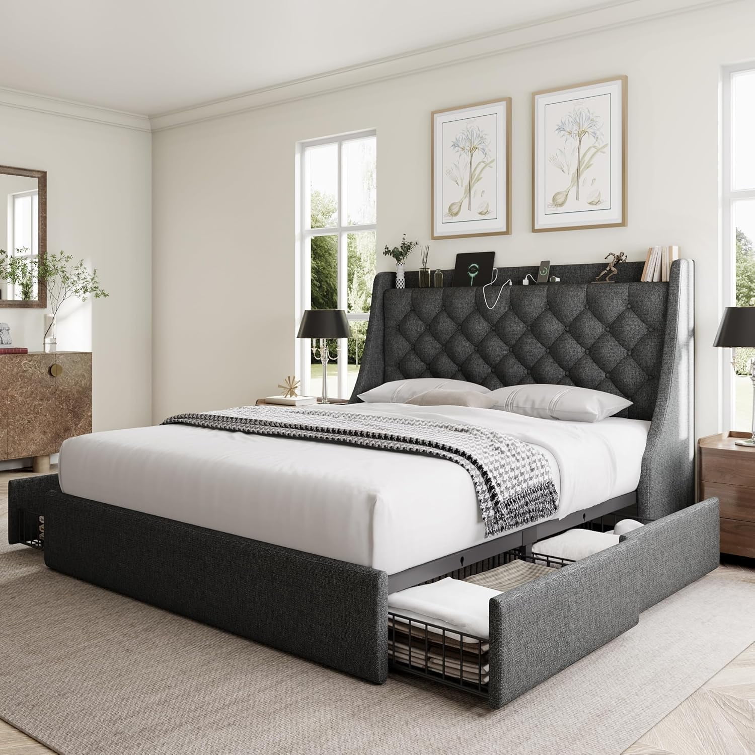 Galnfu Queen Bed Frame with 4 Storage Drawers, Giant Upholstered Wingback Headboard, Fast Charging Station, No Box Spring Needed, Noise-Free,Dark Gray